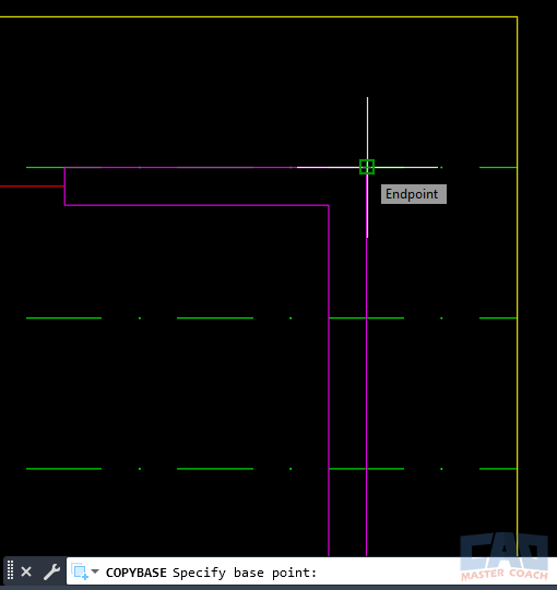 Selecting a Base Point in COPYBASE Specifying a base point before selecting objects with the COPYBASE command.