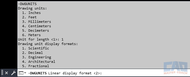Example of AutoCAD’s -DWGUNITS command showing unit conversion and scaling prompts.