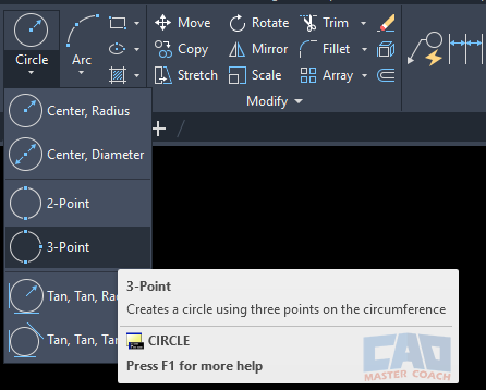 Accessing the Circle (3-Point) command. Screenshot of the AutoCAD ribbon with the Circle 3-Point option highlighted.