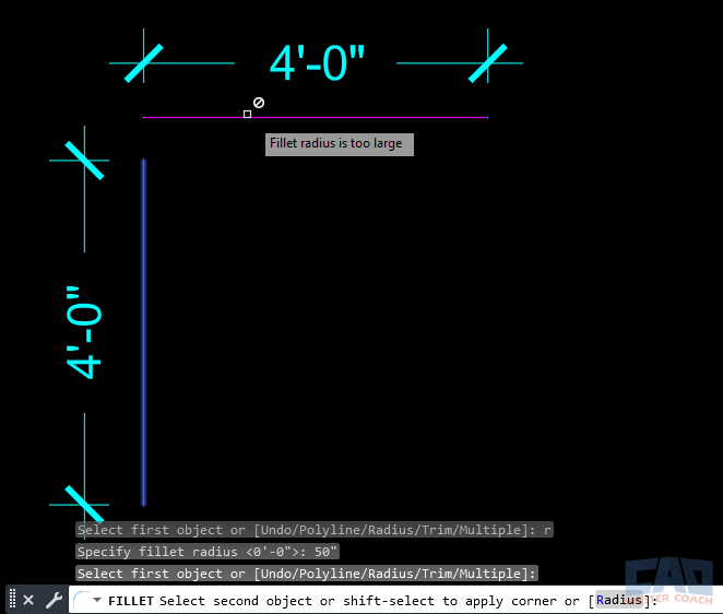 FILLET radius too large caused by insufficient object length AutoCAD fillet radius too large due to short line