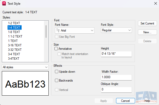 STYLE Command Dialog Overview AutoCAD STYLE command dialog showing text style settings