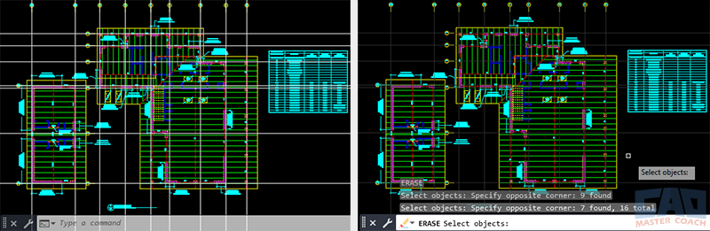 AutoCAD drawing before and after using the ERASE command to remove construction lines and clutter.