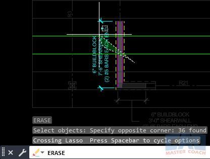 AutoCAD ERASE command using a fence selection with Shift key to deselect objects.