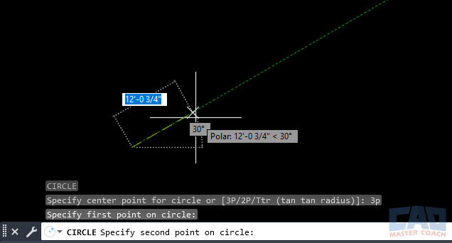 Selecting the first point for the Circle (3-Point) method. AutoCAD workspace showing the first point selection for a 3-Point circle.