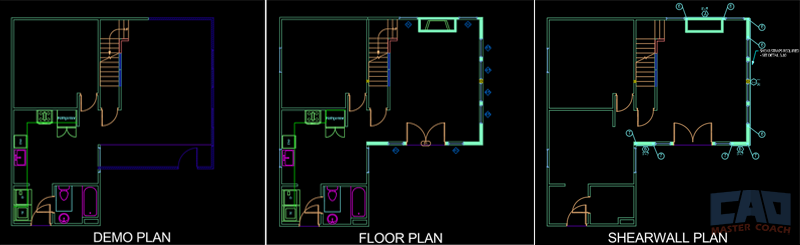 AutoCAD drawing showing demolition plan, floor plan, and shearwall plan separated into layers. AutoCAD drawing showing demolition plan, floor plan, and shearwall plan separated into layers.