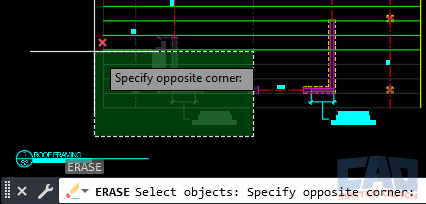 Example of AutoCAD ERASE command crossing window erasing more objects than intended.