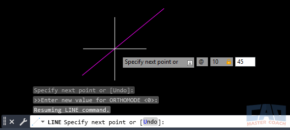 AutoCAD command line entry @10<45 creating a 10-unit line at 45 degrees.