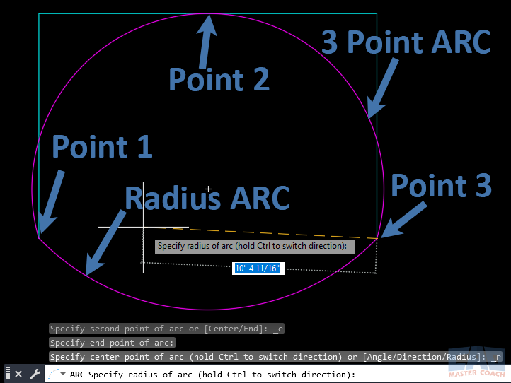 Comparison of AutoCAD arc by radius versus arc by 3 points showing difference in definition methods.