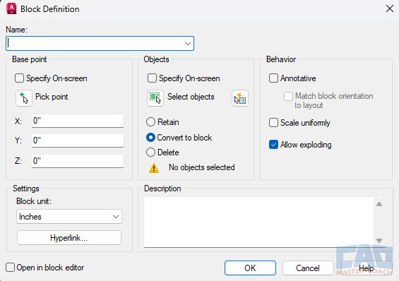 AutoCAD block creation dialog box AutoCAD block creation dialog box