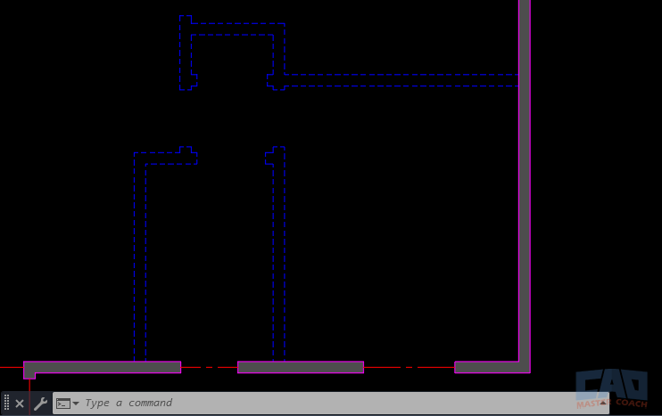 AutoCAD floor plan with polyline perimeter and interior partitions drawn with lines.
