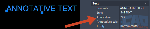 AutoCAD annotative text property showing automatic scaling setup