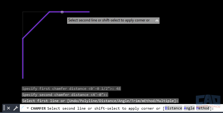 Chamfer Distance Example in AutoCAD AutoCAD chamfer distance example with equal distances