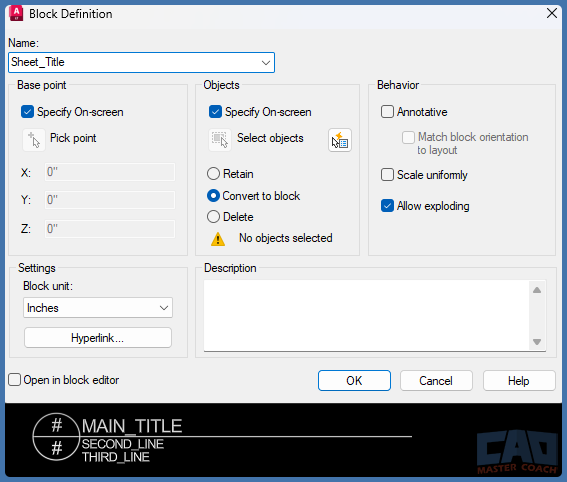 Block Definition dialog showing an attribute included in AutoCAD