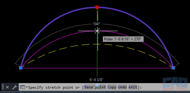 AutoCAD grip editing a 3 point arc by moving the midpoint grip to adjust curvature.
