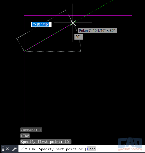 AutoCAD chamfer line drawn at 30 degrees using polar tracking.