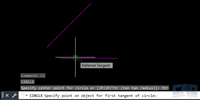 Selecting First Tangent Reference Selecting the first tangent object in AutoCAD using the Tangent OSNAP glyph.