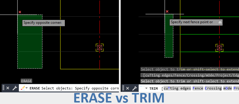 Comparison of AutoCAD ERASE and TRIM commands—ERASE removes whole objects, TRIM cuts partial geometry.