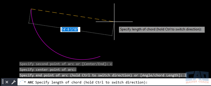 Dynamic Input tooltip showing Arc Length field while drawing an arc.