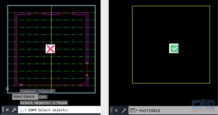 Common Mistake – Using COPY Instead of COPYBASE Illustration showing misplaced geometry caused by using COPY instead of COPYBASE between drawings.