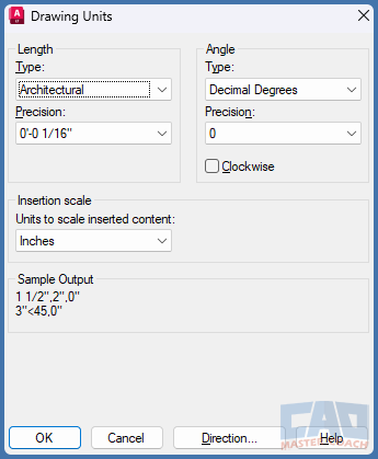 AutoCAD Drawing Units dialog overview with labeled sections for length, angle, and scale settings.