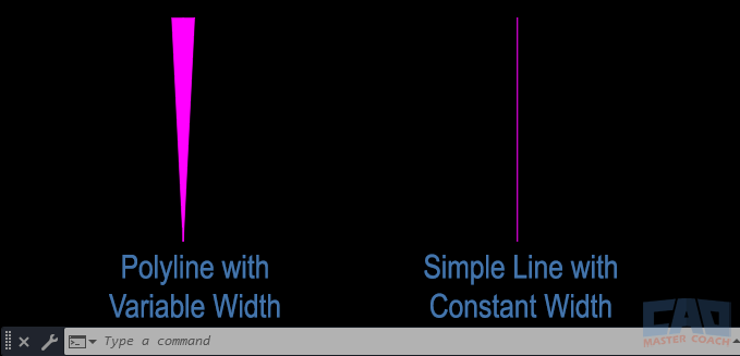 AutoCAD polyline with variable width compared to a simple line.