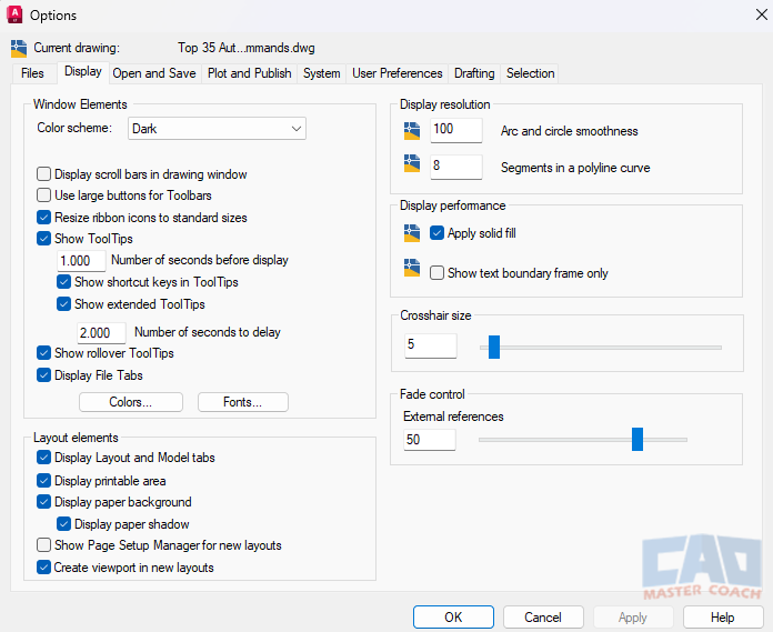 AutoCAD Options Tab
