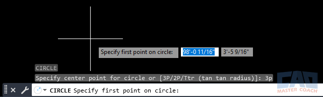 Command line workflow for the Circle (3-Point) method. AutoCAD command line displaying the prompts for creating a 3-Point circle.