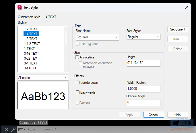 Opening the STYLE Command Opening the STYLE command in AutoCAD