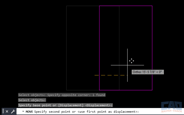 AutoCAD Move command showing an object being moved horizontally using ORTHO mode.