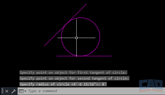 Completed TTR Circle Final Tangent–Tangent–Radius circle created between two angled lines in AutoCAD.