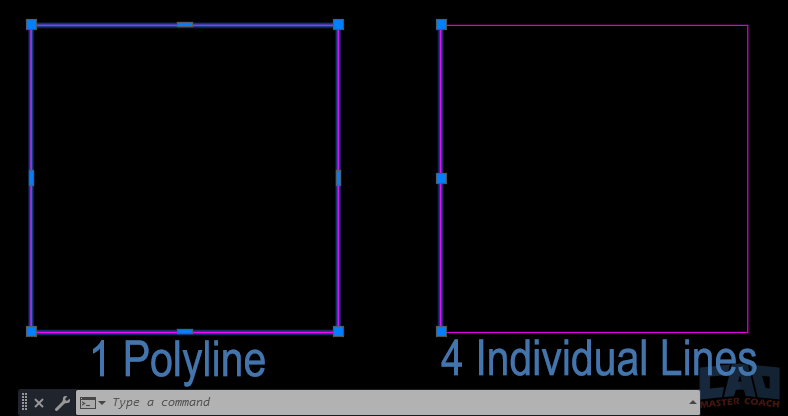AutoCAD polyline editing with vertex grips versus multiple separate lines selected.