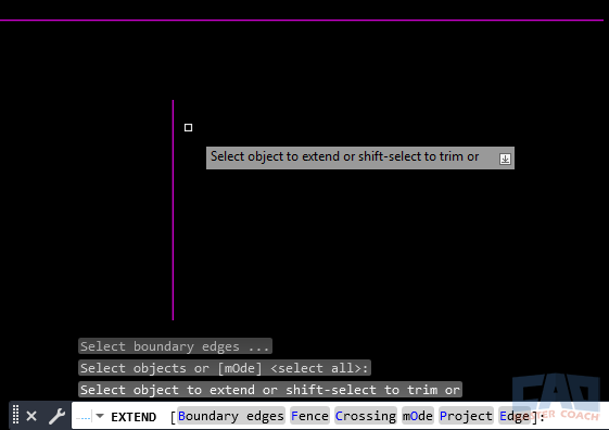 EXTEND command example EXTEND command lengthening a line to a boundary