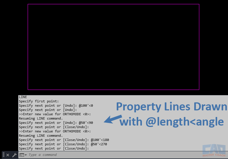 AutoCAD property boundary drawn with precise length and angle inputs.