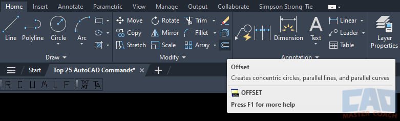 AutoCAD OFFSET Command - Ribbon