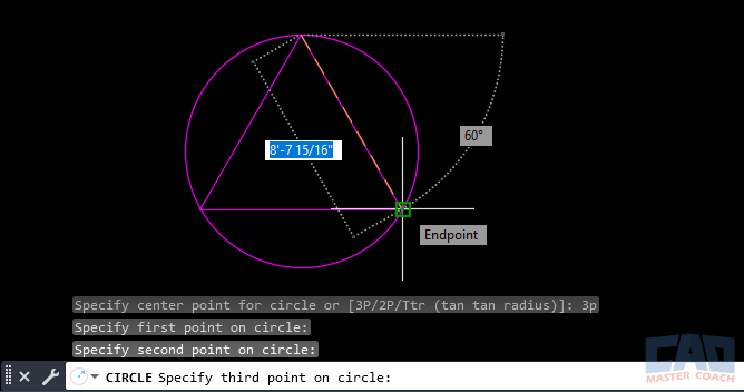 Circle created through three selected points. Completed 3-Point circle drawn through three selected points in AutoCAD.