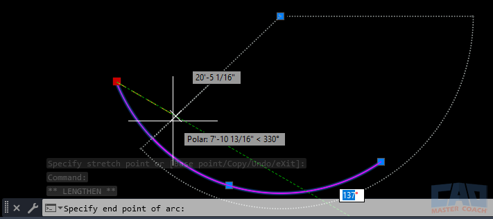 AutoCAD LENGTHEN command adjusting an arc to a total arc length.