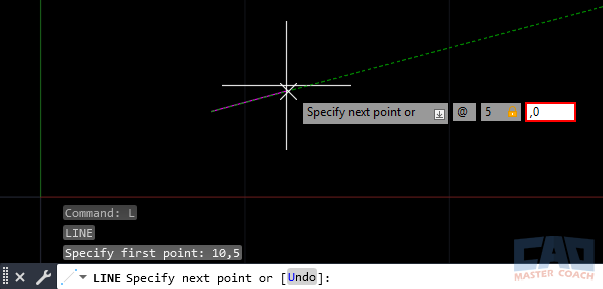 AutoCAD example showing difference between absolute and relative coordinates when drawing a line.
