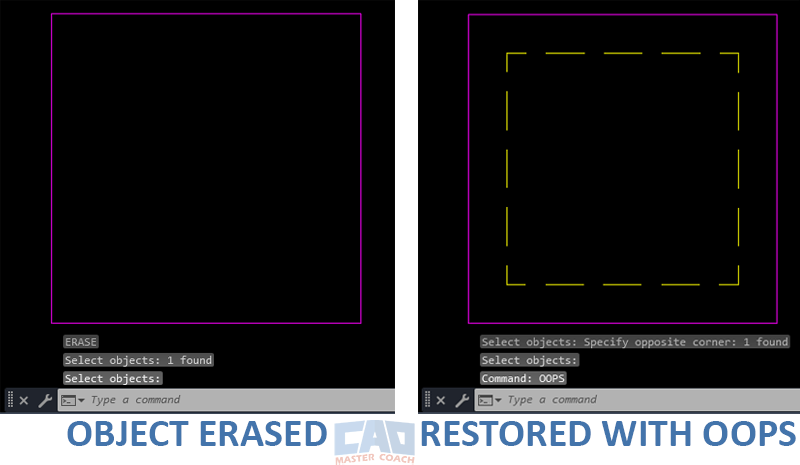 AutoCAD OOPS before and after restoring erased objects.