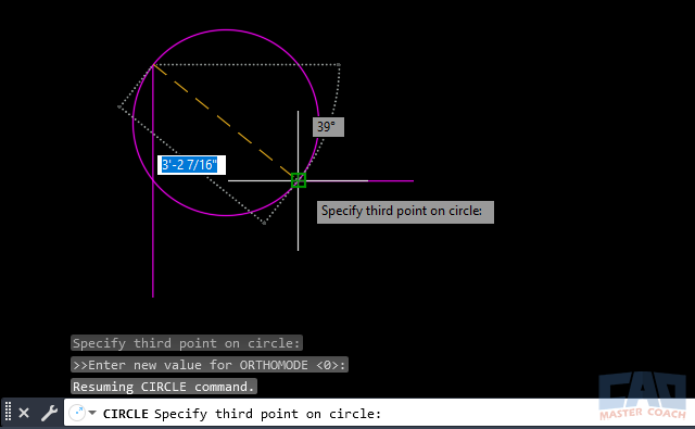 Using OSNAP for precise 3-Point circle creation. AutoCAD OSNAP markers displayed while selecting points for a 3-Point circle.
