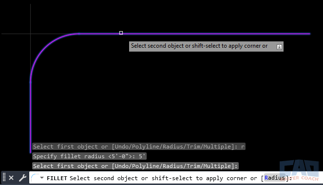 AutoCAD fillet command creating a tangent arc between two lines