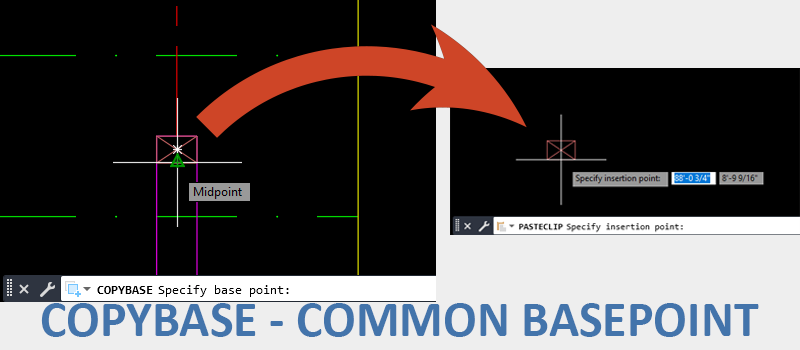 COPYBASE Command Example in AutoCAD AutoCAD COPYBASE command example showing base point selection and clipboard icon for cross-drawing transfer.