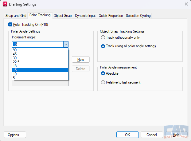 AutoCAD Polar Tracking settings showing increment angle and additional angles