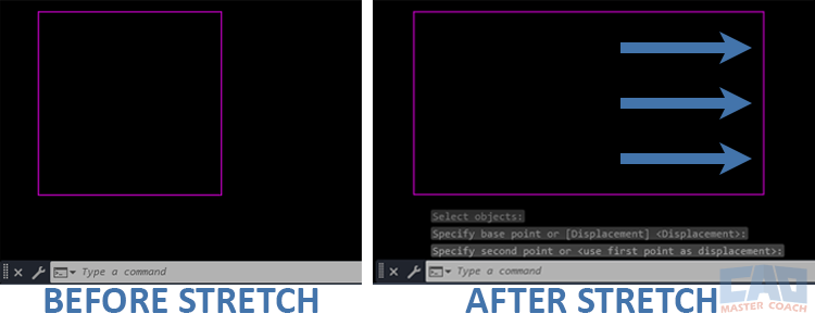 AutoCAD STRETCH Command – Before and After Example Rectangle before and after applying the STRETCH command in AutoCAD.