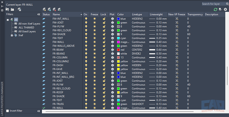 Layer standards with lineweights and linetypes configured before drawing lines in AutoCAD.
