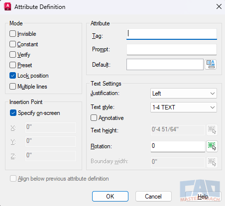 Attribute Definition - ATTDEF AutoCAD attribute definition dialog for adding editable text to a block.
