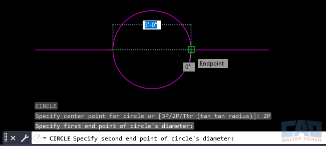 Selecting Diameter Endpoints in AutoCAD User selecting two diameter endpoints in AutoCAD to draw a circle