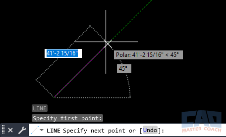 AutoCAD polar tracking showing a line snapping to 45 degrees.