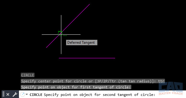 Selecting Second Tangent Reference AutoCAD preview showing the circle arc appearing as the second tangent object is selected.