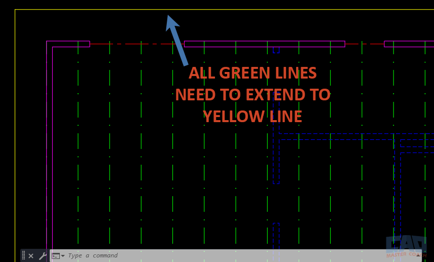 AutoCAD EXTEND command example showing objects needing extension