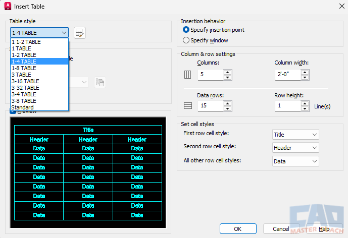 AutoCAD table showing scaling differences in model space versus paper space